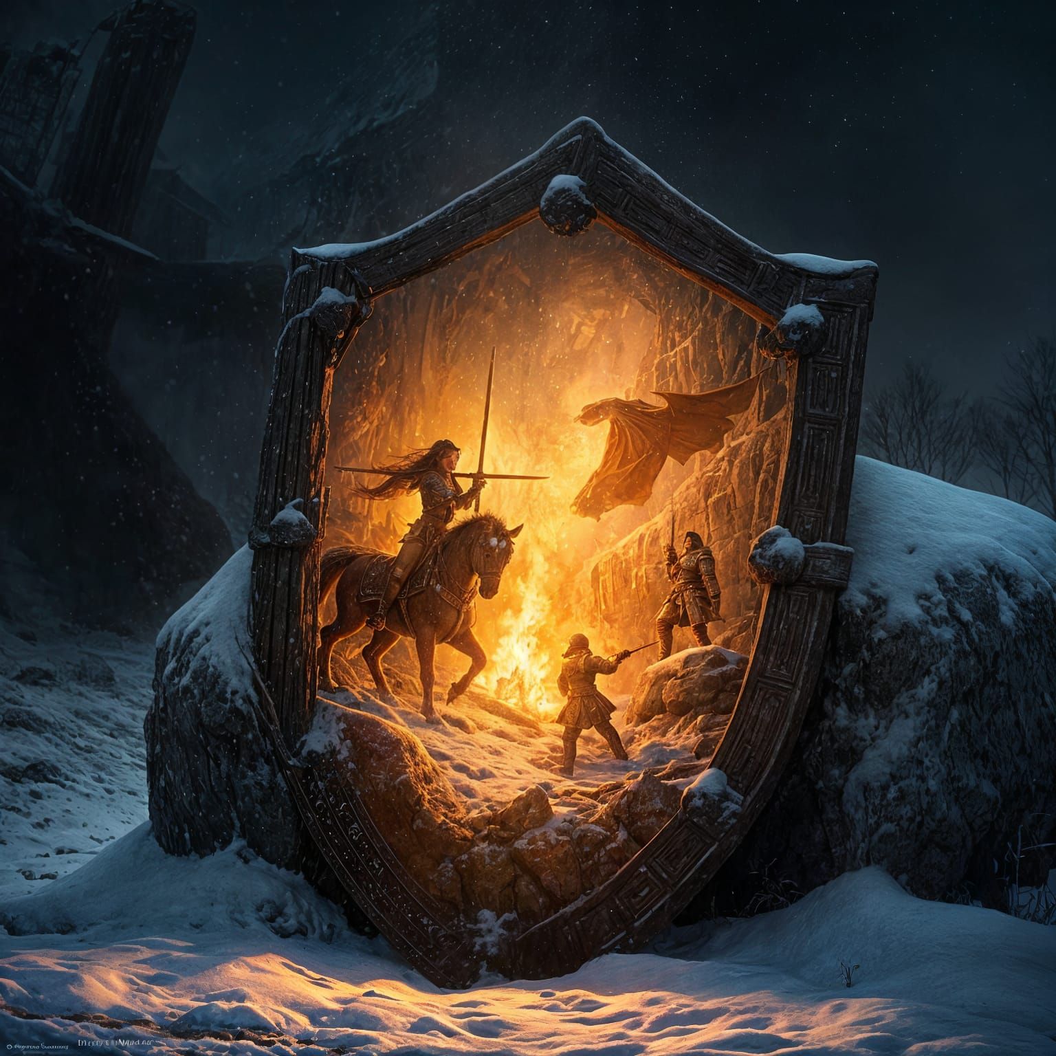 close-up at night by the light of a fire a shield stands leaning on a stone half-covered with snow. The ...  by @Likra
