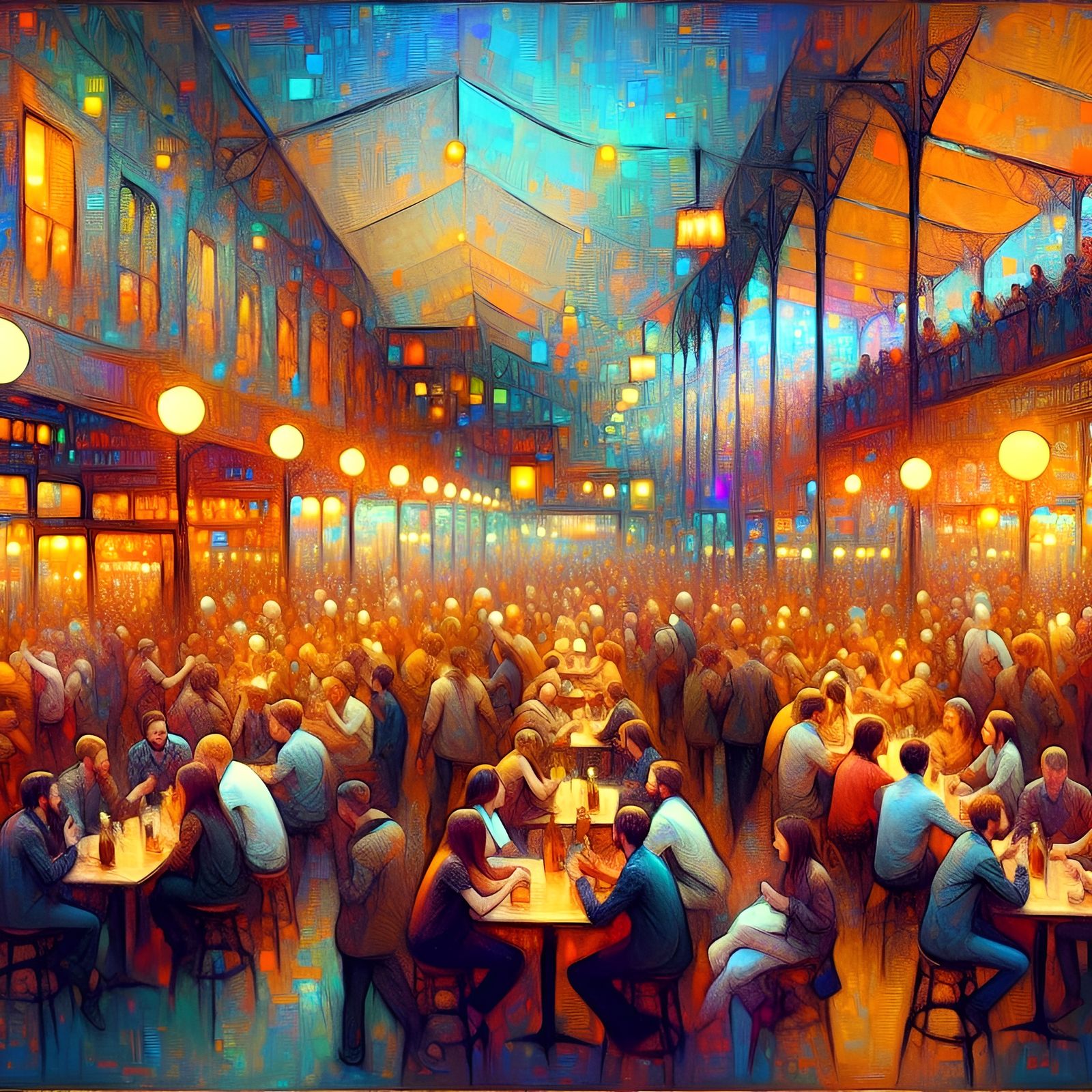 A bustling night cafe scene - AI Generated Artwork - NightCafe Creator