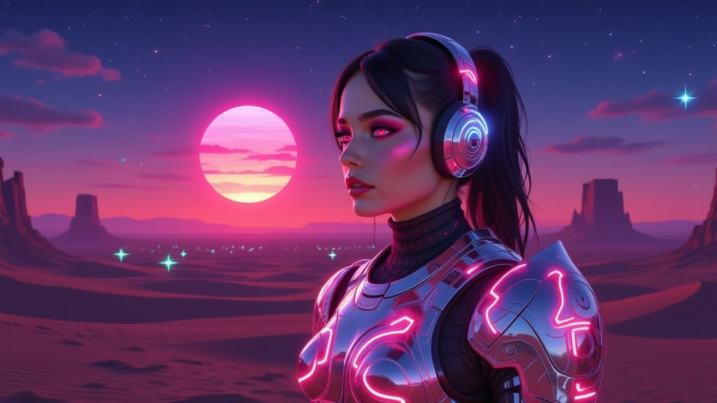 <lora:Aurora:1.0> woman, in neon badlands, wearing combat armor, glowing,