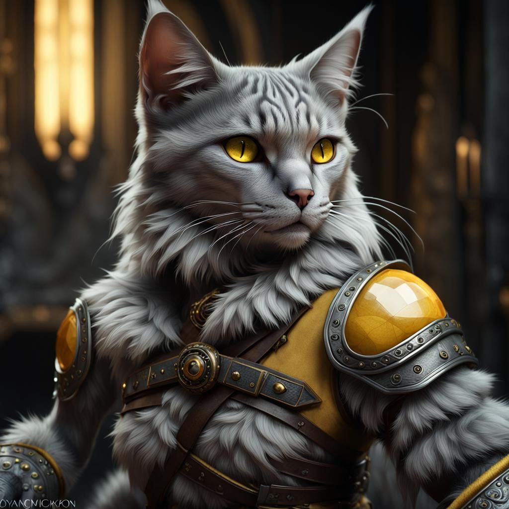 A Vermling, leather arm wraps, dappled grey fur and yellow Cat eyes, a ...