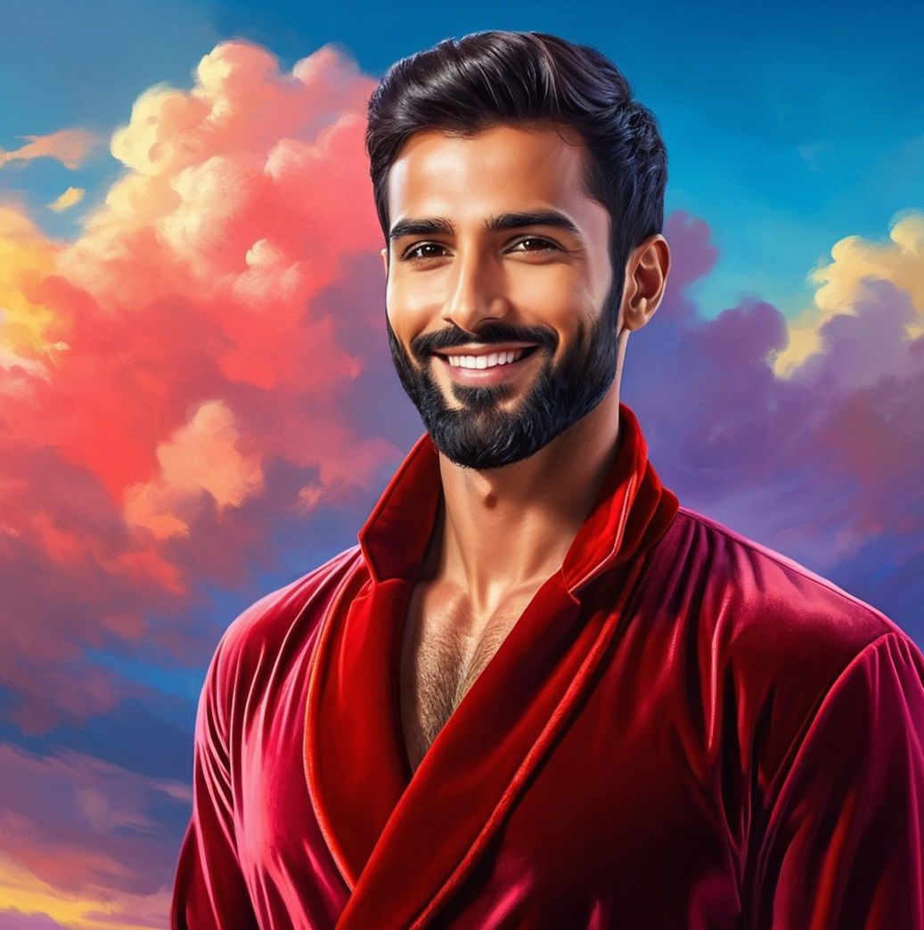 A handsome man with black    hair and beard wearing a    red...