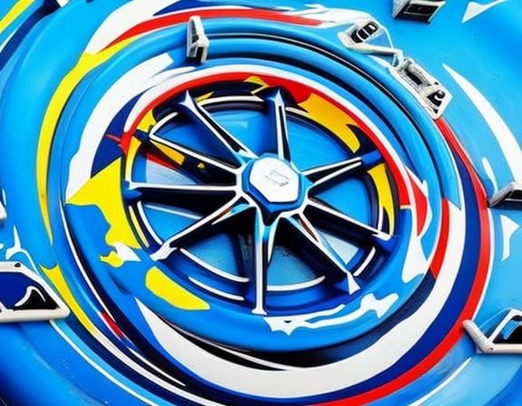 Truck with Blig Wheel's Blue and White Paint, front Designed...