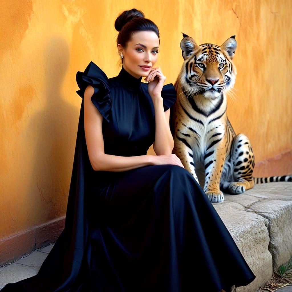 Surreal Scene with Ladies and Wild Cats