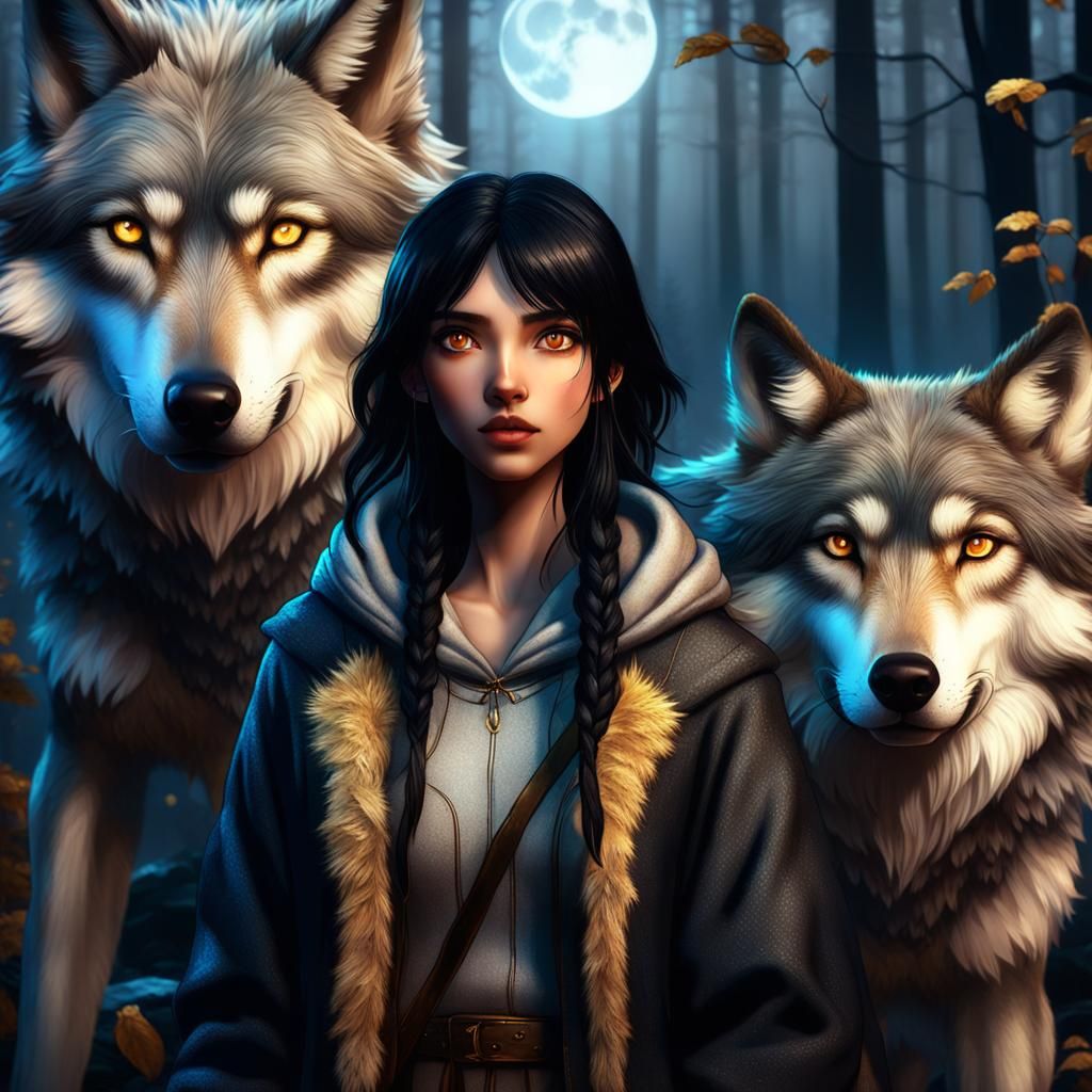 Girl with Wolf in Mystical Forest Artwork