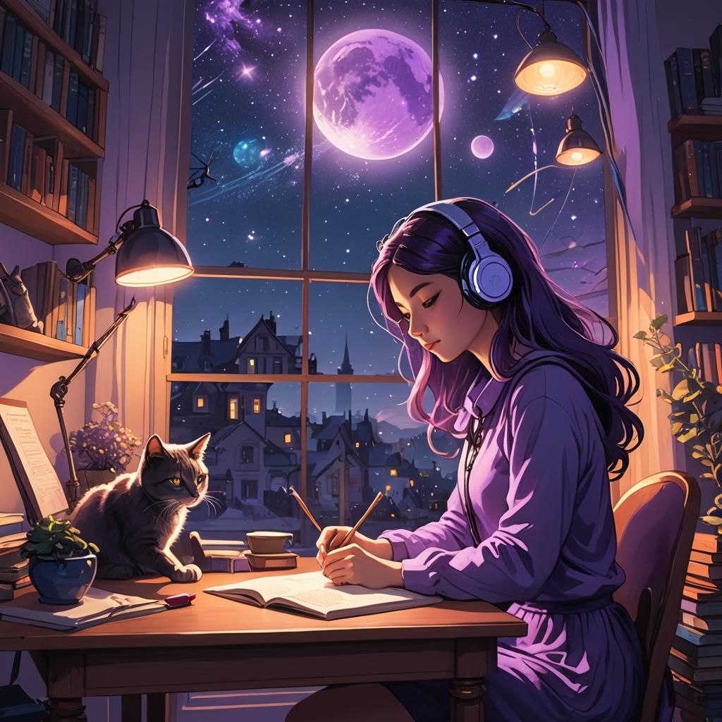 Lofi girl writing and studying on the table under a study lamp wearing headphone beside a sidewise window at night, comet in the blue purple...