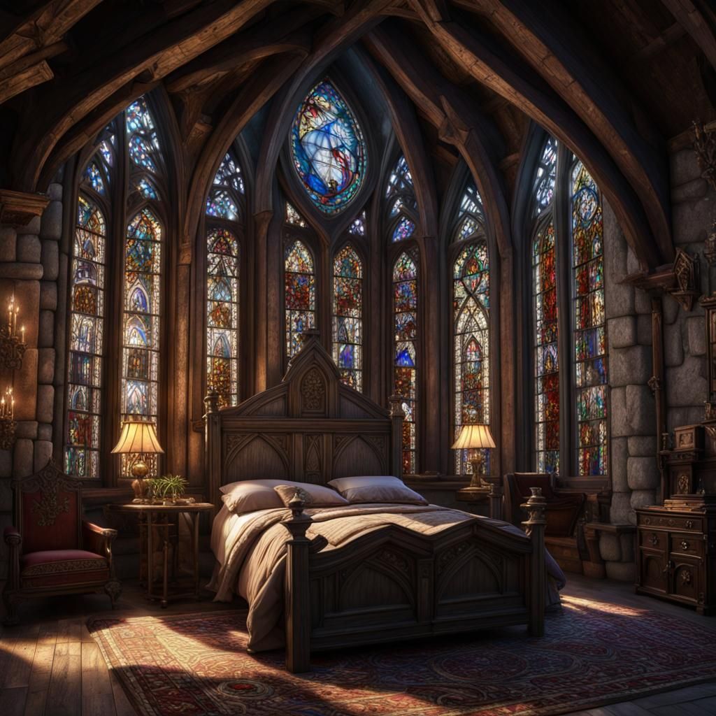 Ethereal Gothic Bedroom Scene in Detailed Matte Painting Sty...