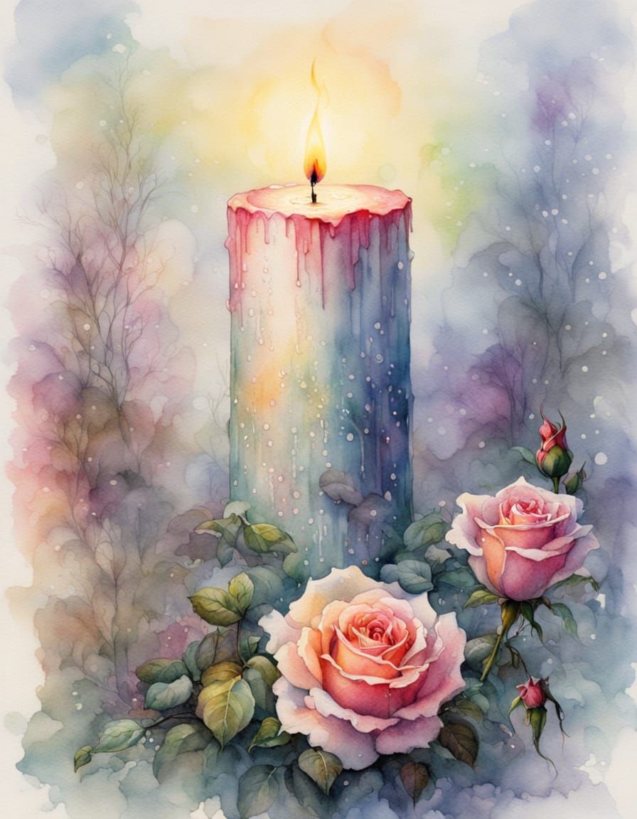 Hyperrealistic Candle with Roses in Watercolour