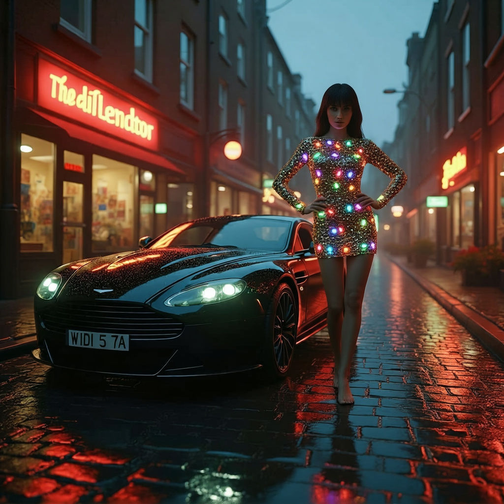 Glowing silk Jumper dress on Cobblestone Street at Dusk

This hyper-realistic image shows a woman with legs to die for in a dazzling sheer 1...