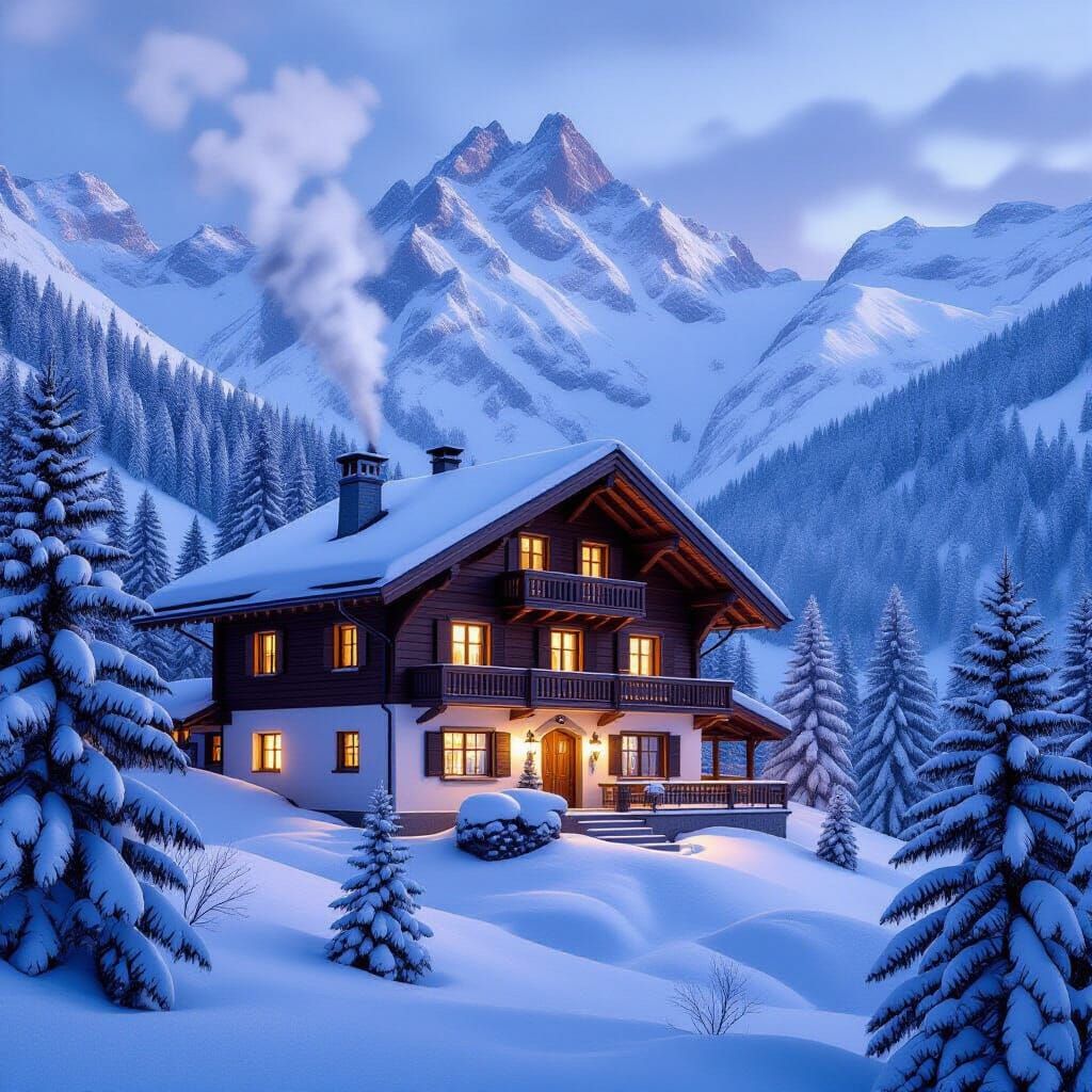 A charming Swiss chalet nestled high in the Alps, surrounded by snow-dusted pine trees and jagged peaks. ...  by @Bluemoon