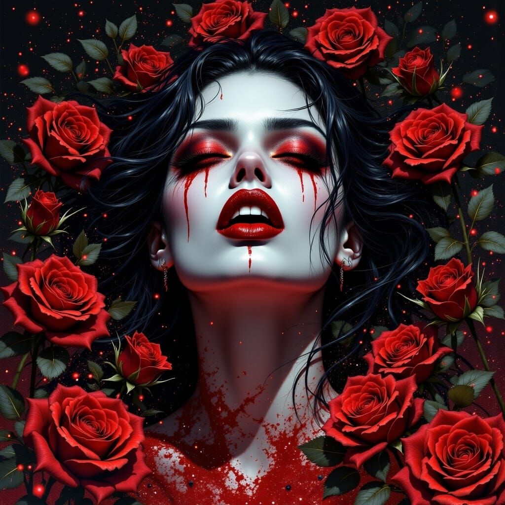 <lora:Dark Vampiress:1.0>; minimalist illustration; shimmering sparkling golden particles; high resolution; Metal Hurlant and Heavy Metal ma...