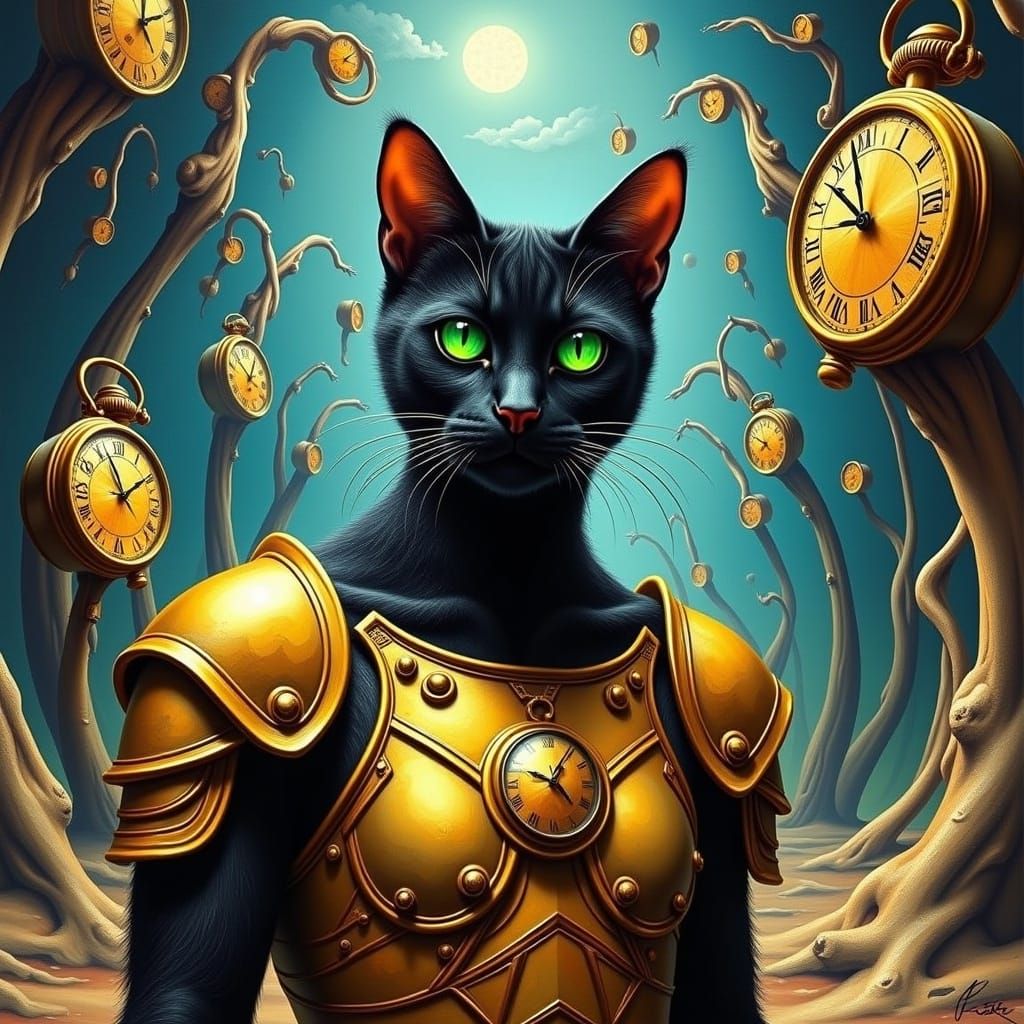  <lora:Surrealisto Flux:1.0> cat warrior surreal