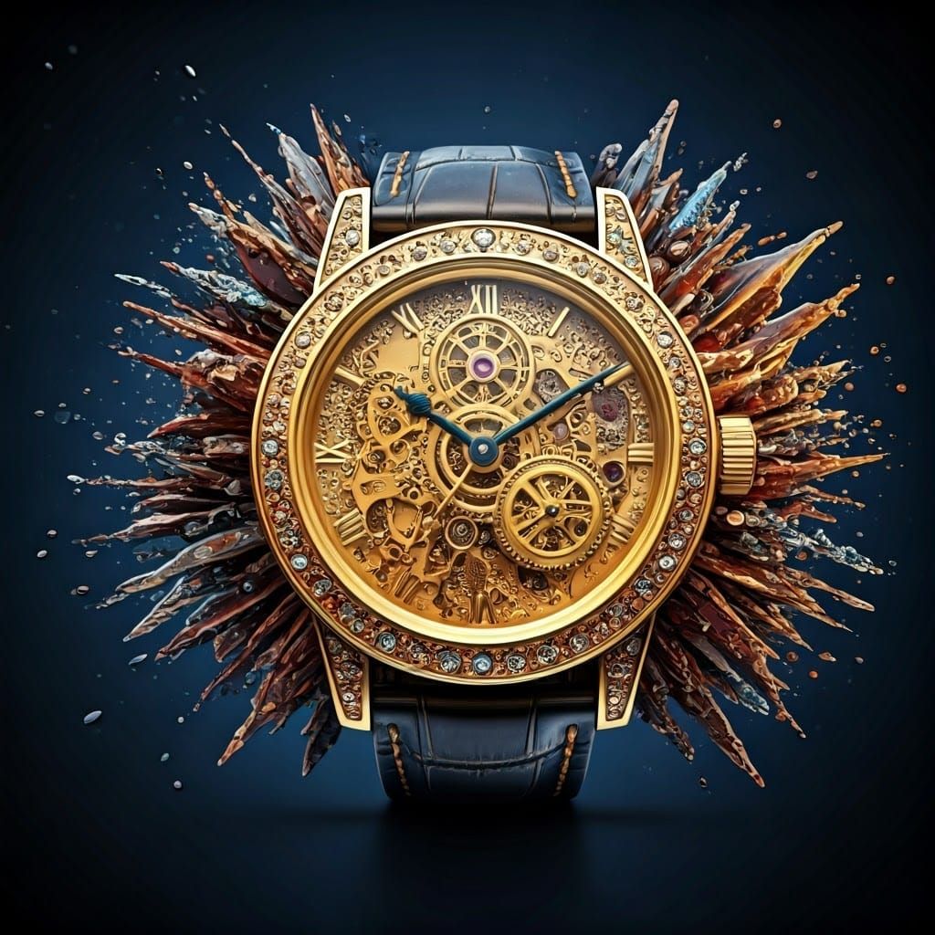 Steampunk gold watch made from crushed gemstones, eye-catching design with exploding elements of colour, hyperrealistic, splash art, concept...