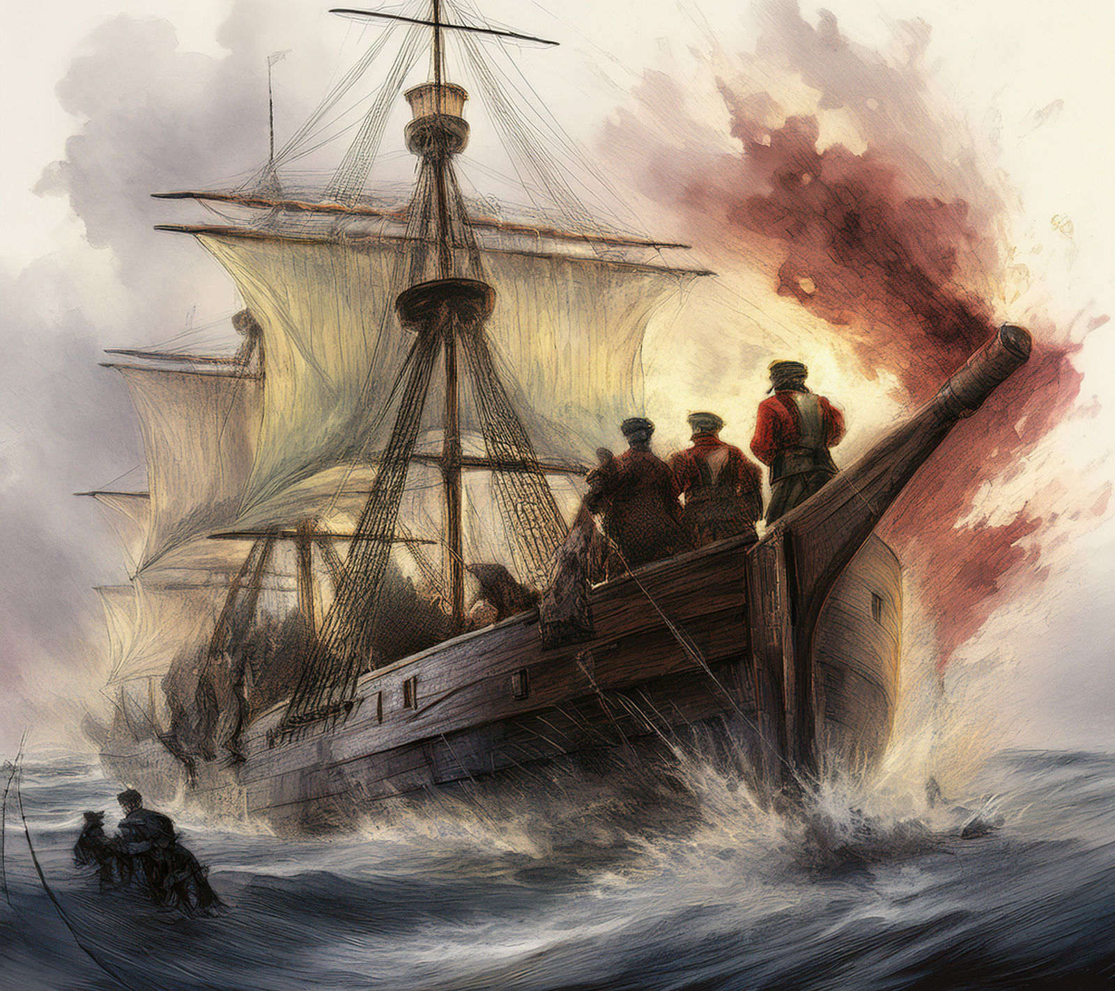Watercolor of the Battle of Chesapeake Bay