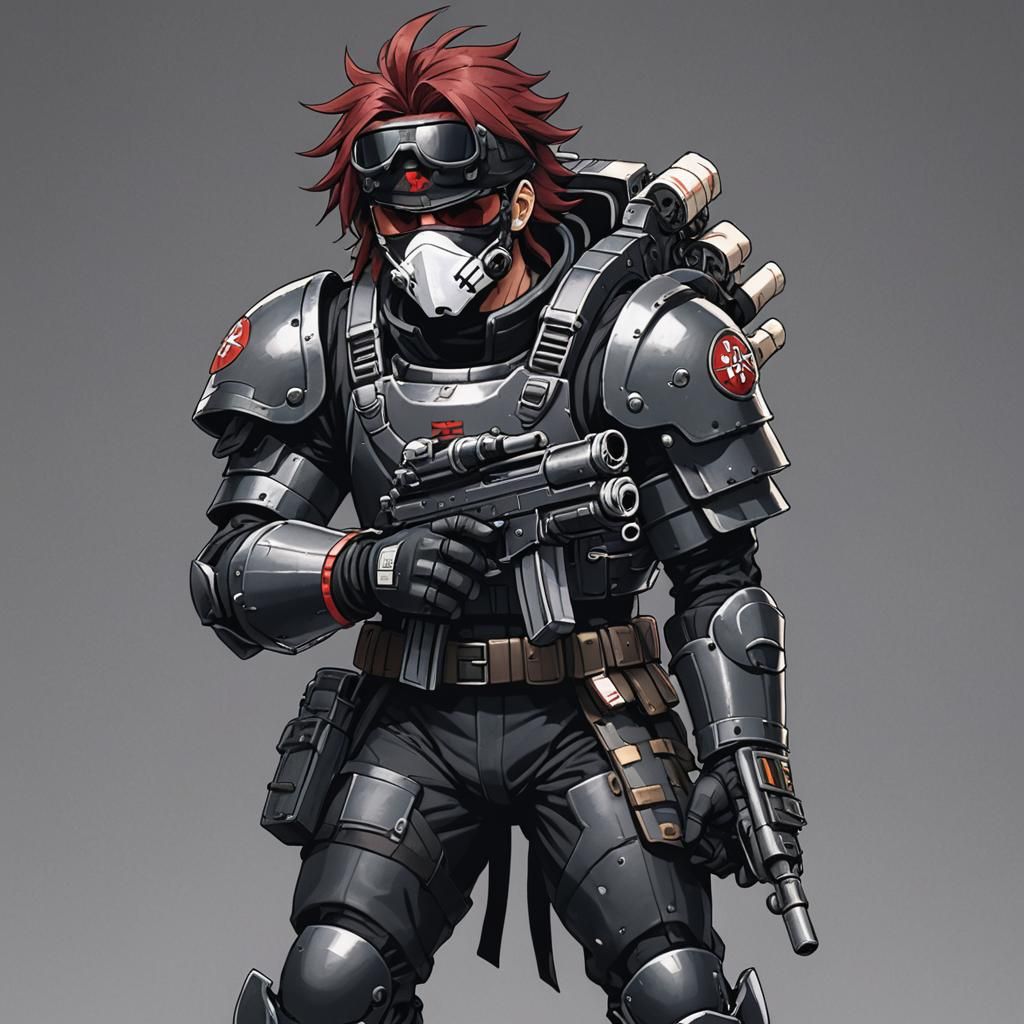 Cyberpunk Soldier in Black Armor Wears Sunglasses and Holds....