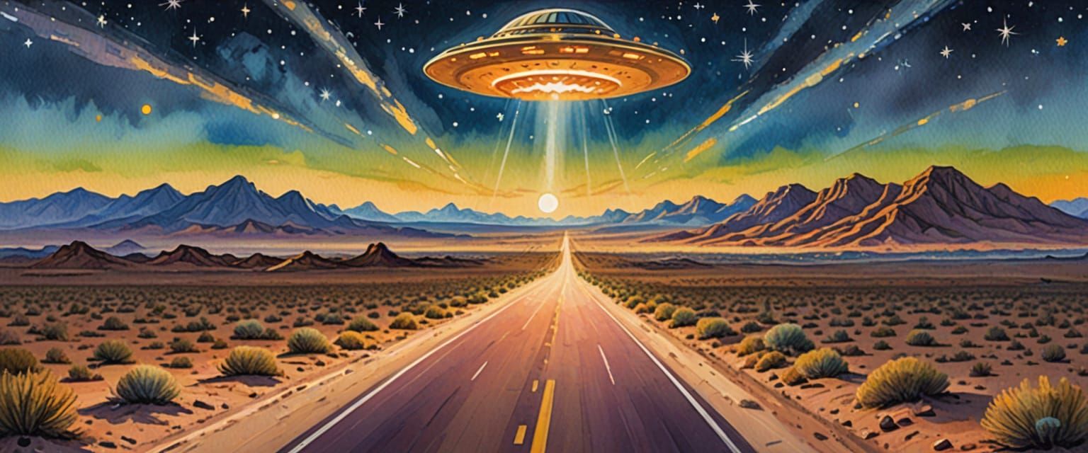 ufos hovering over the evening desert landscape, aerial view, over a desert highway, mountains in the distance on the horizon, stars twinkle...