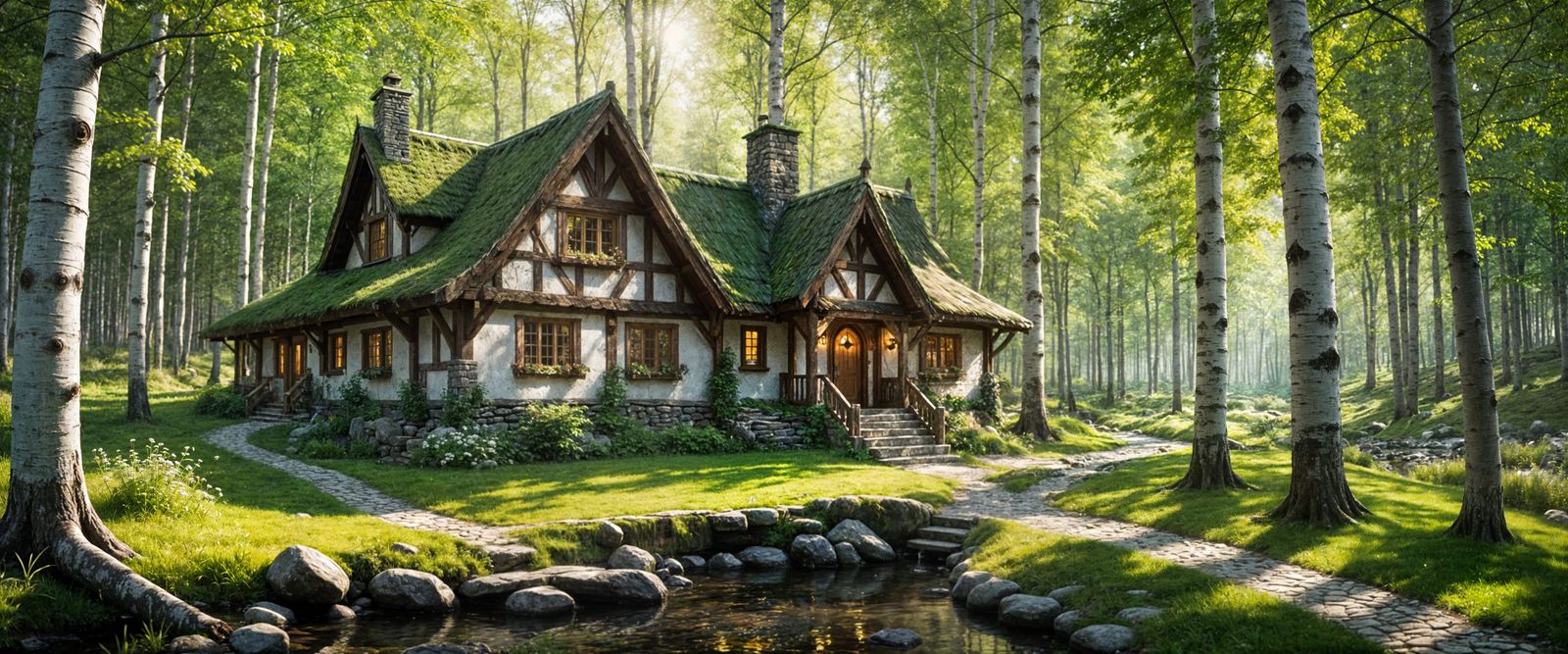 A fantasy cottage sits in a forest of paper birches. A small creek runs next to a stone pathway. Beams ...  by @Baltic_Gal