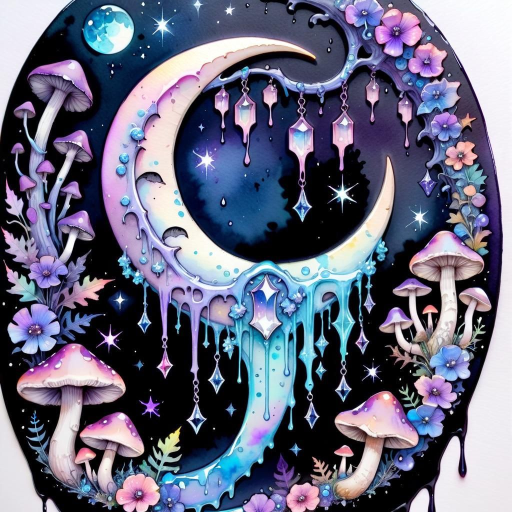 Watercolour, Crescent Moon with Crystal Clusters and Mushrooms 