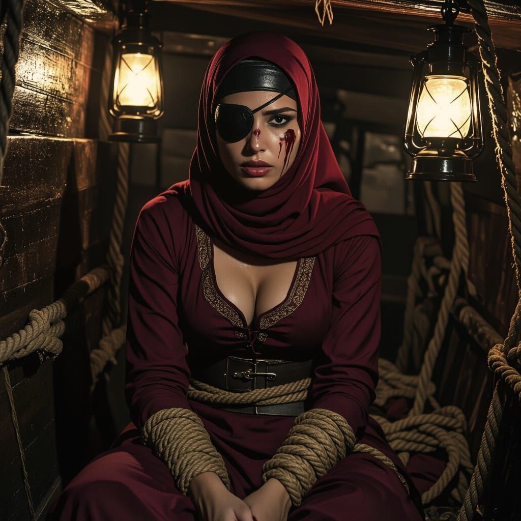 Cinematic photograph of a hijabi pirate being held captive in a dark and dirty space below deck. no. 1