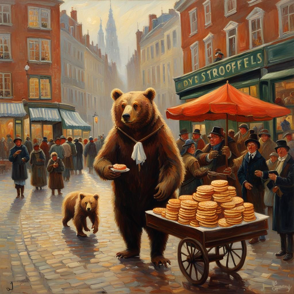 A bear selling stroopwafels in the city