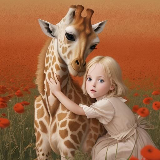 petite fille blonde, yeux marron, papillon, peluche girafe, coquelicots -  AI Generated Artwork - NightCafe Creator