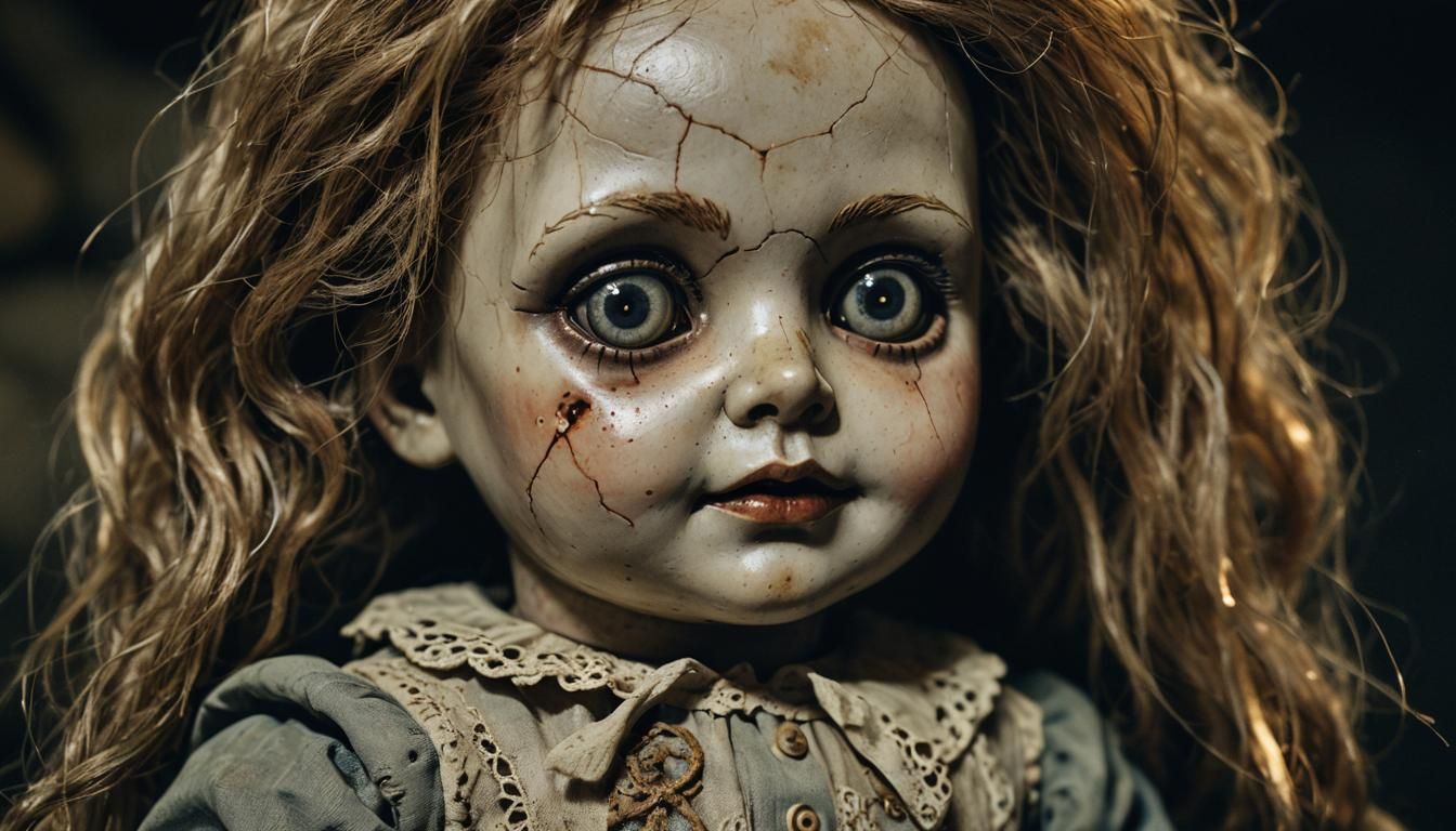 A dusty old doll with cracked porcelain and glowing eyes, sitting in a darkened room.  by @aNta