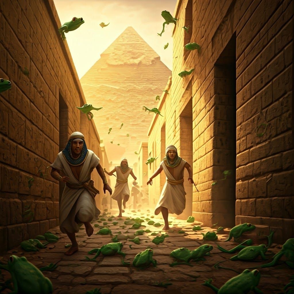 Egyptian Chaos Amidst Frogs in Ancient Pyramids Scene