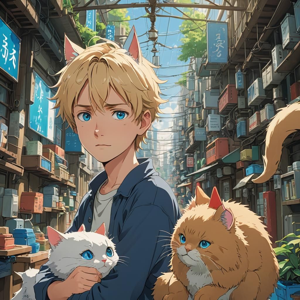 A blond boy with blue eyes and plastic cat ears AI Generated Artwork