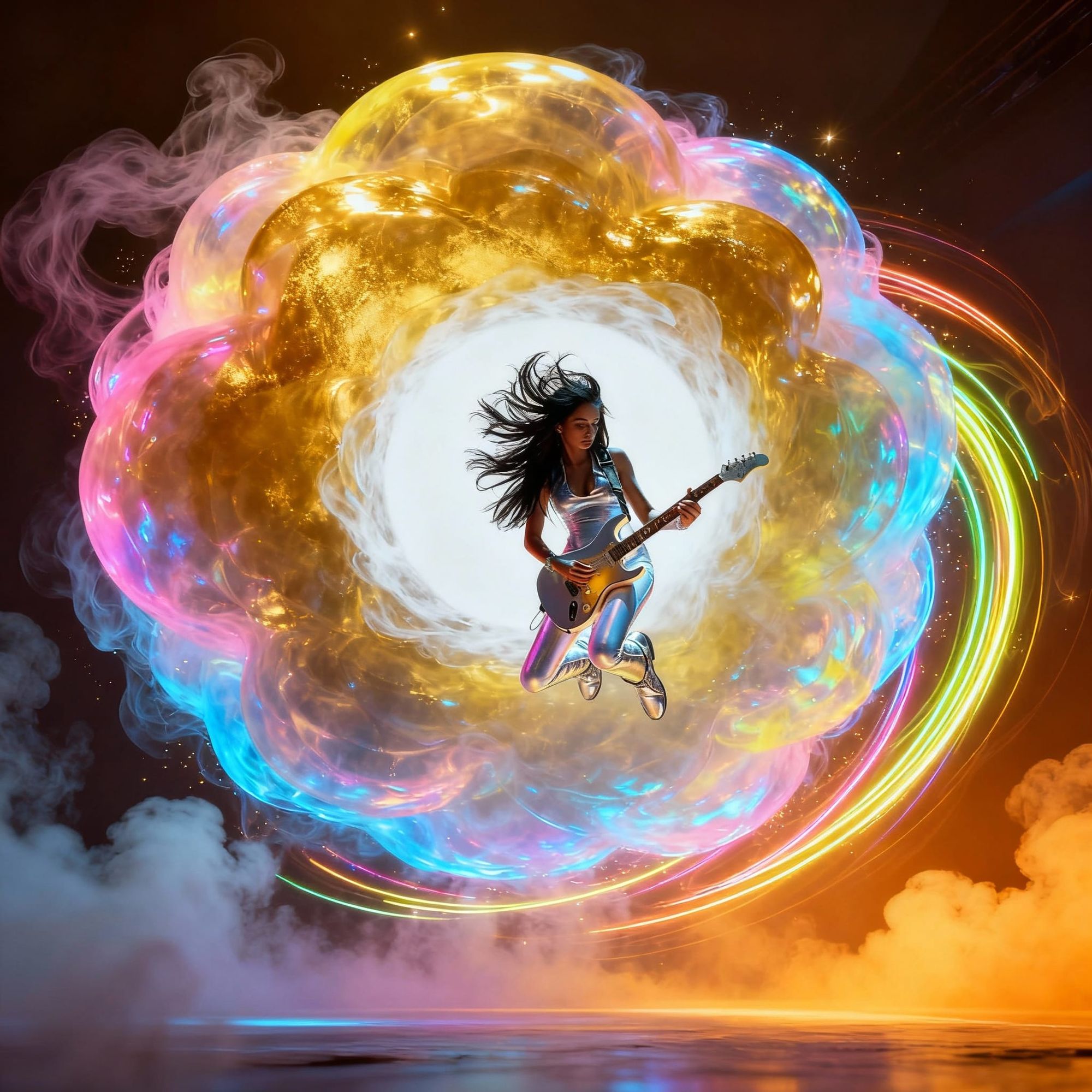 A futuristic female performance artist, clad in iridescent, flowing fabrics that shimmer with vibrant energy, commands a holographic stage. ...