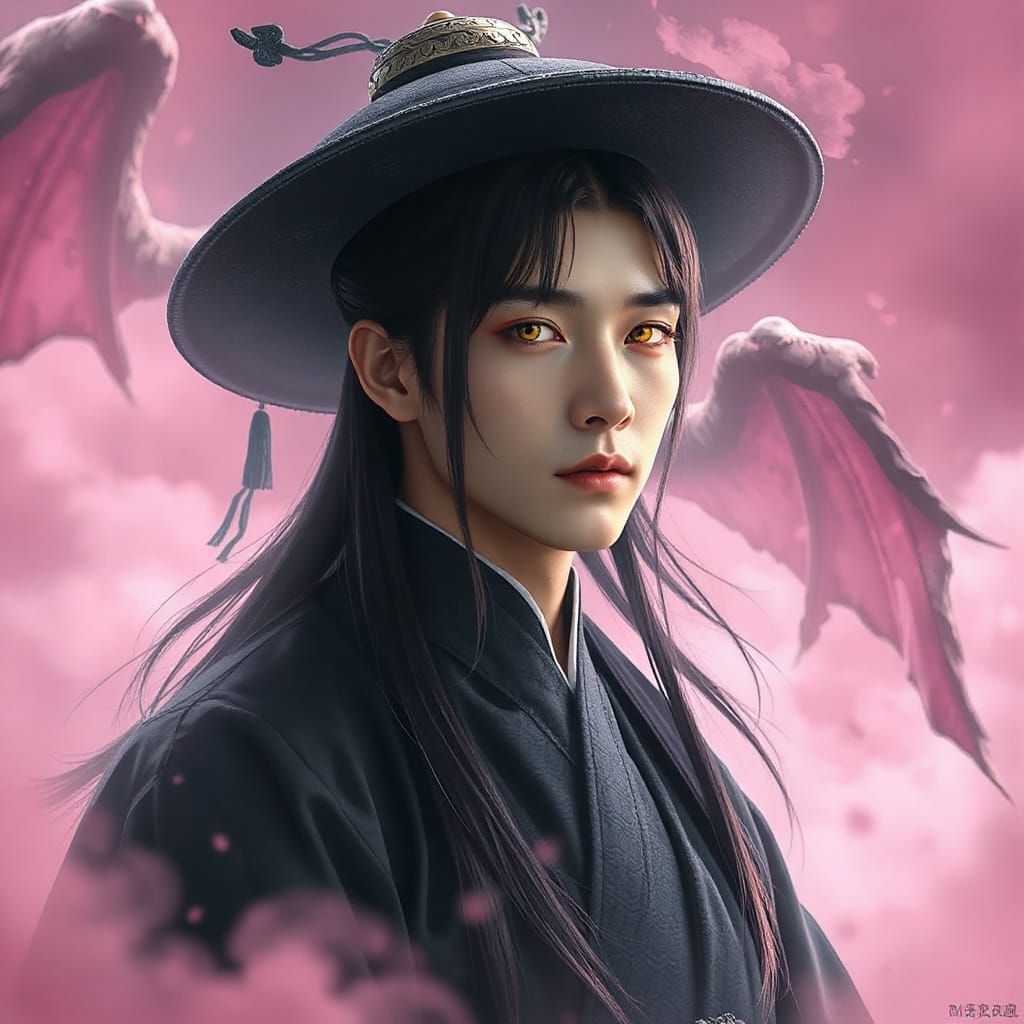Korean Man in Hanbok with Demon, Hyperdetailed Fantasy