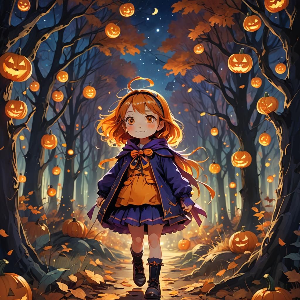 Whimsical Autumn Goddess in a Moonlit Halloween Forest