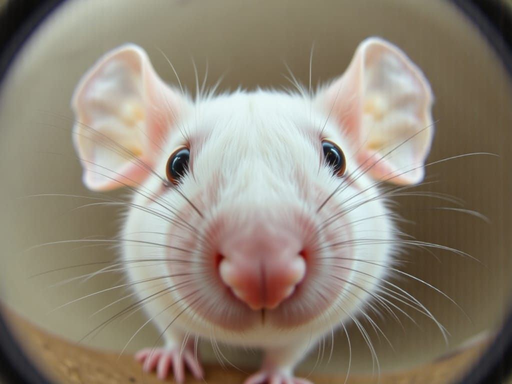 An extreme close-up fisheye lens view of a cute white mouse <lora:Fisheye:1.3>