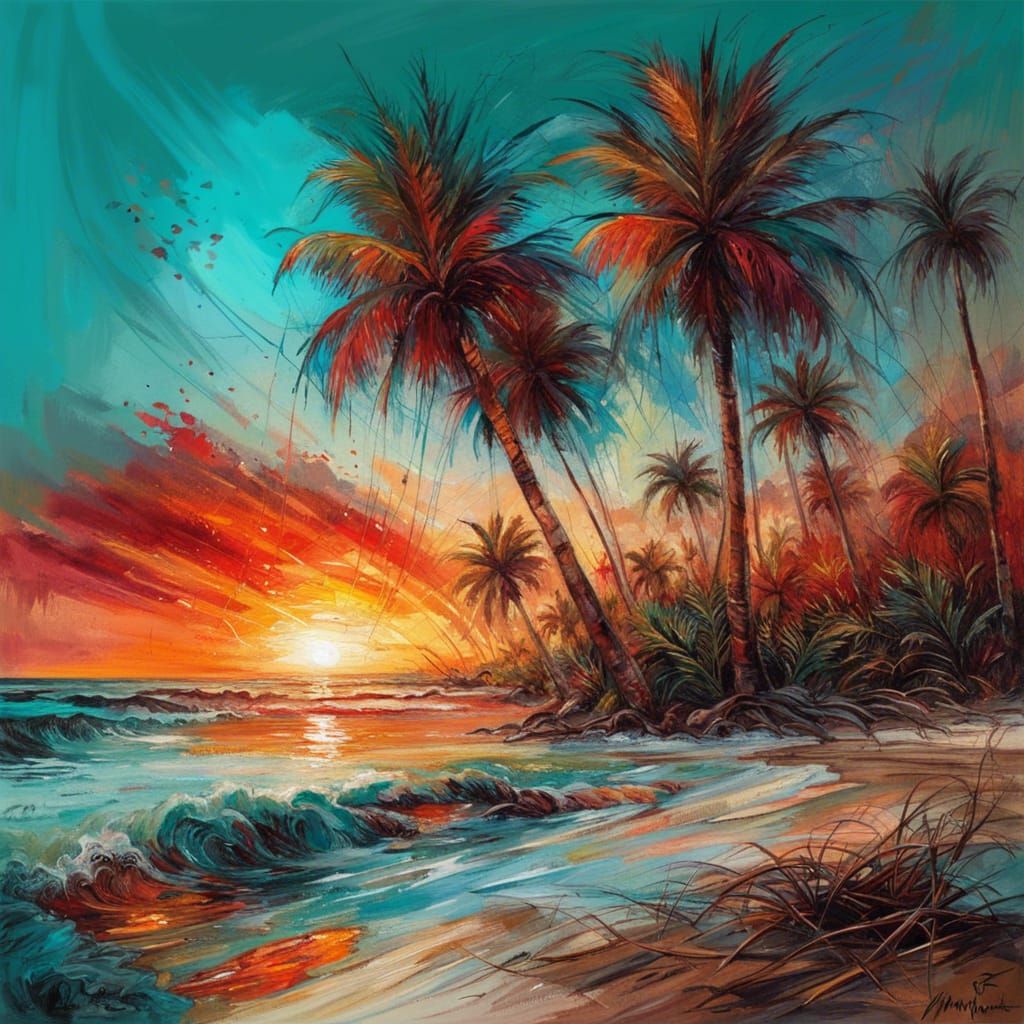 Vibrant Sunset Beach Scene in Impressionist Style