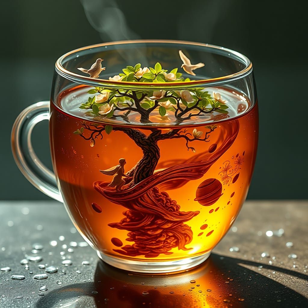 Golden Tea World with Floating Fairies and Flowers