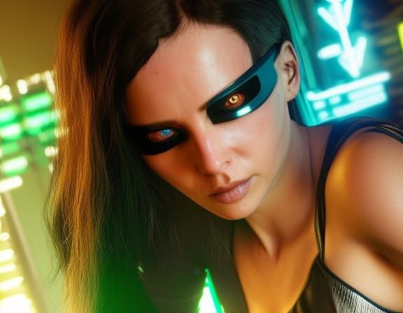 Cyberpunk 2099 Woman with Dark Hair and Green Eyes