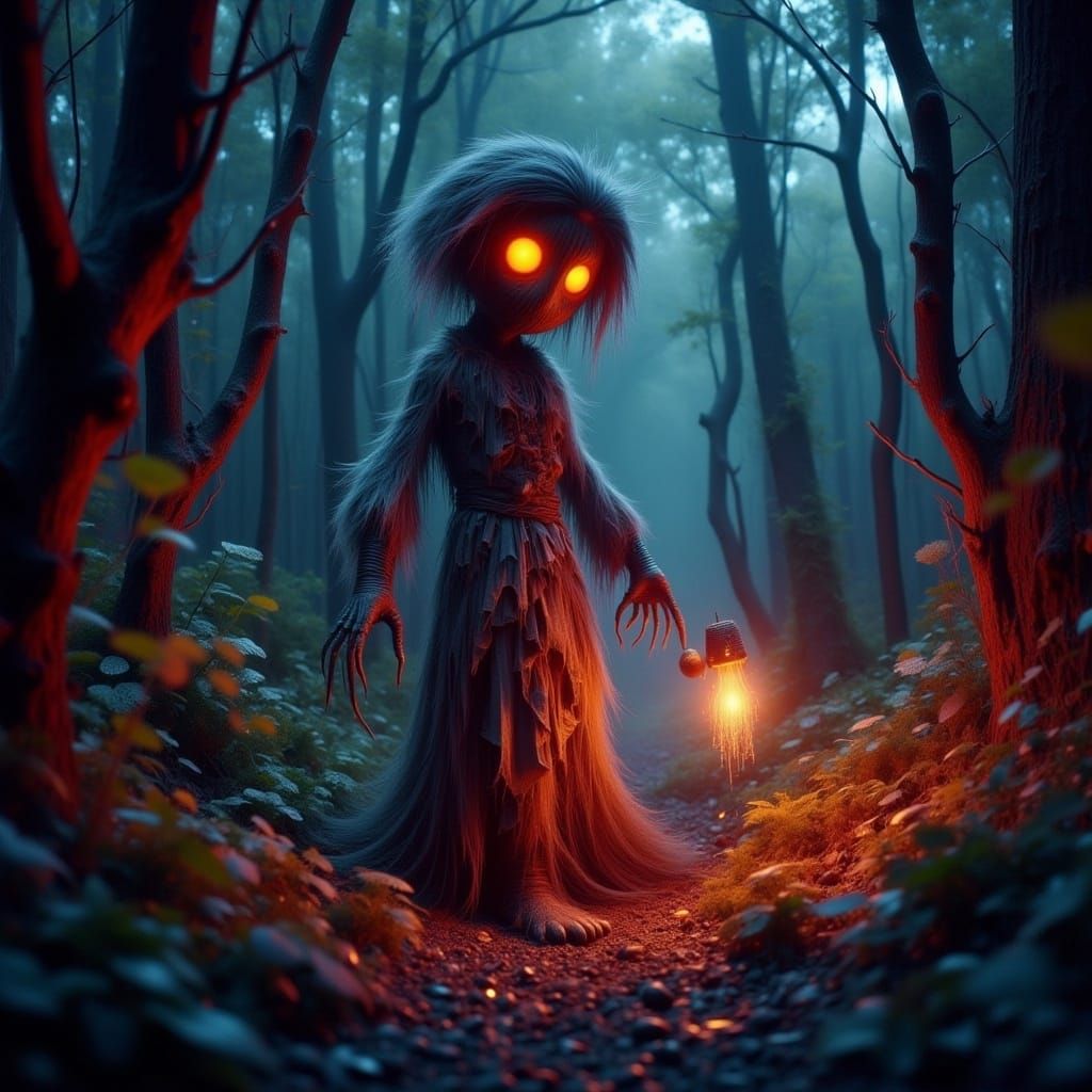 <lora:-Mixperiment Pi-:1.0> mixed styles ▪ Whimsical atmosphere ▪ Enchanted forest setting ▪ Scarecrow figure with glowing eyes and a fabric...