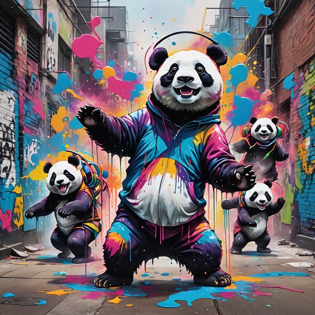 Vibrant Street Art Depicting Happy Bears Dancing in Rainbow....