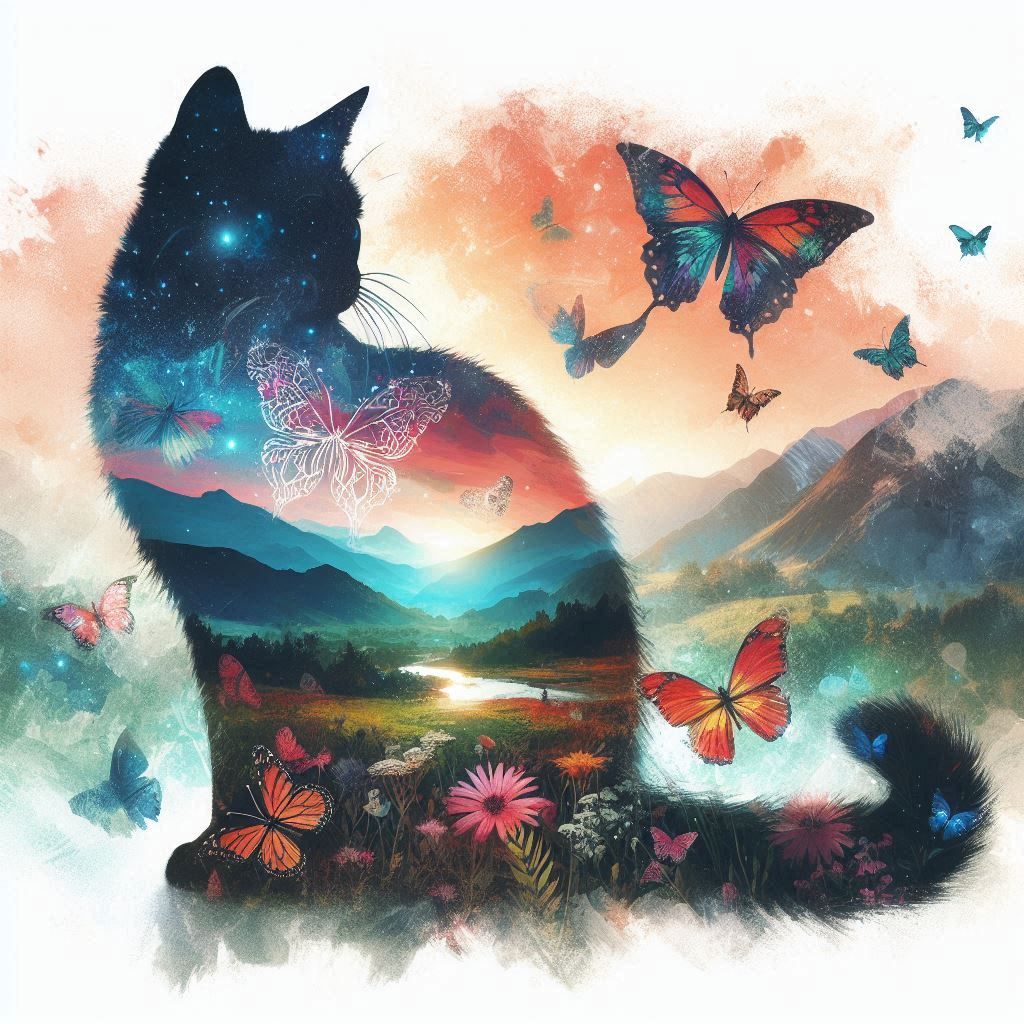 cat and butterflies.
