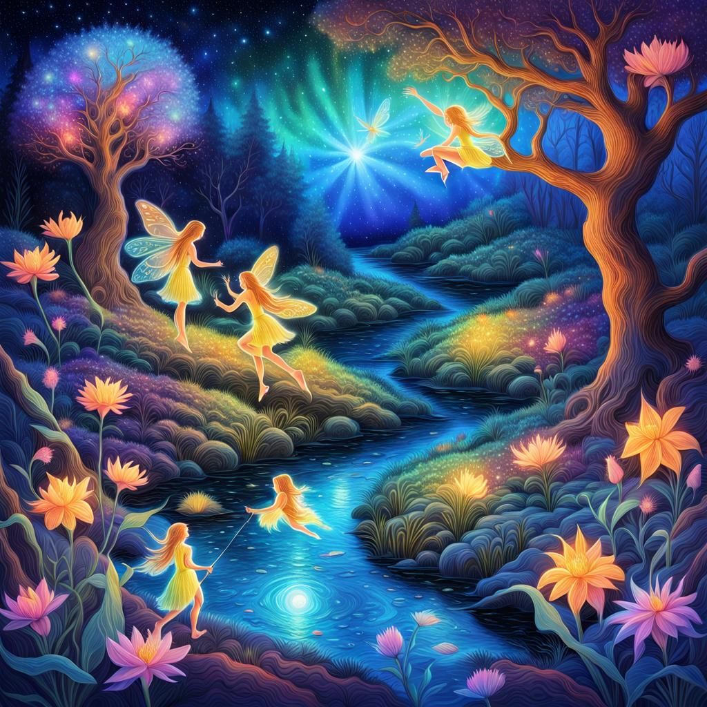 Fairies Playing by The Enchanted Stream - AI Generated Artwork ...