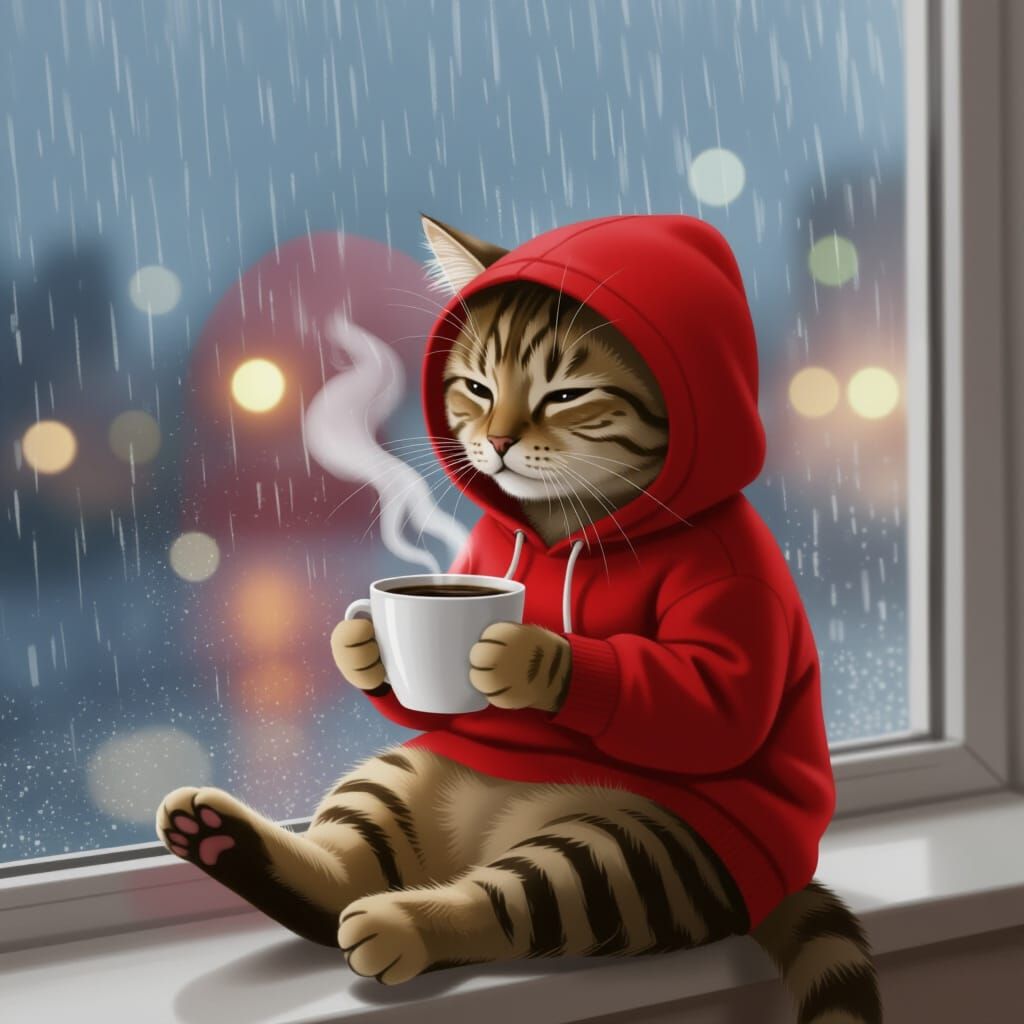 Cozy Cat Sipping Coffee on Rainy Day Window Sill