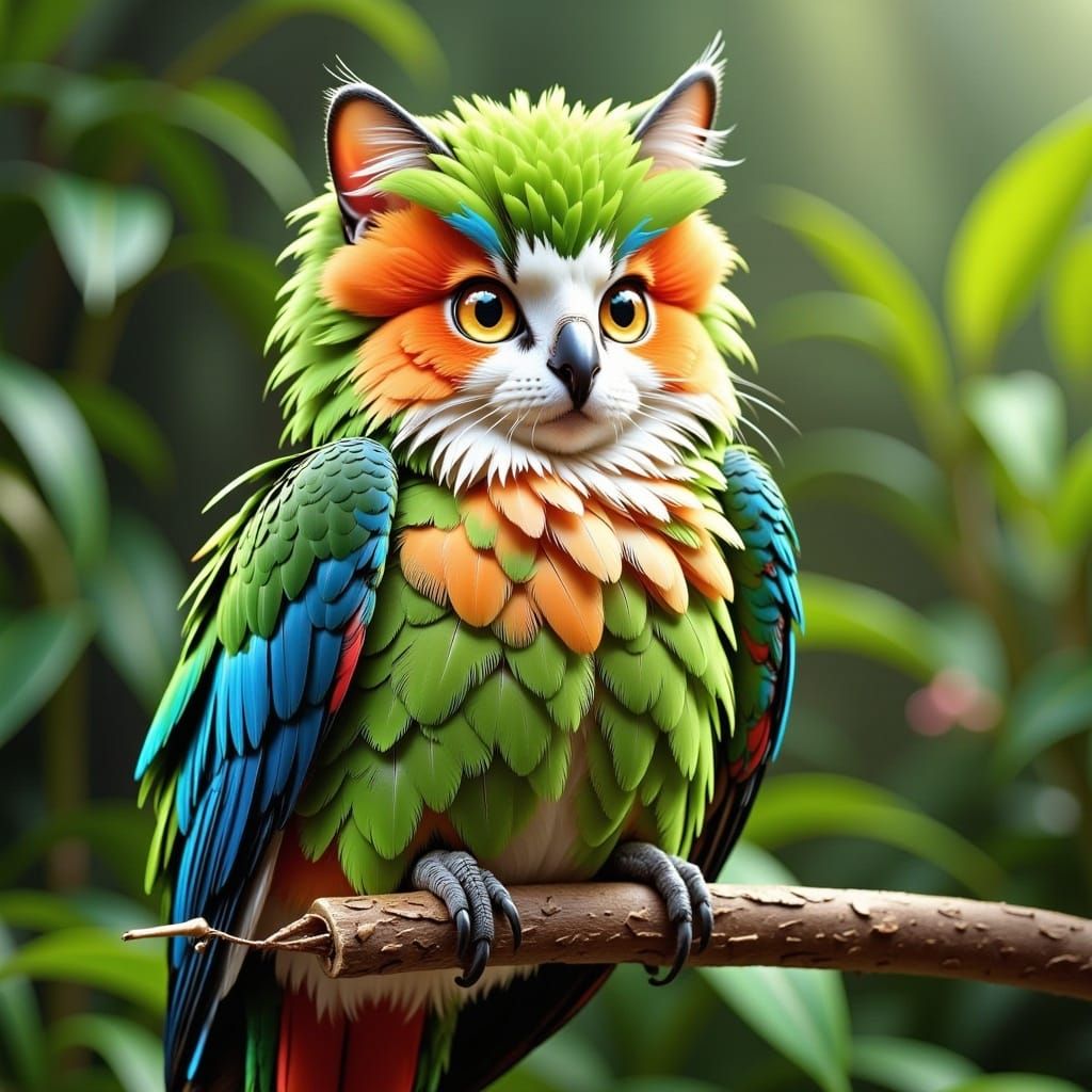 <lora:Flux Cat Parrot:1.0> Cat parrot hybrid, sitting on a branch