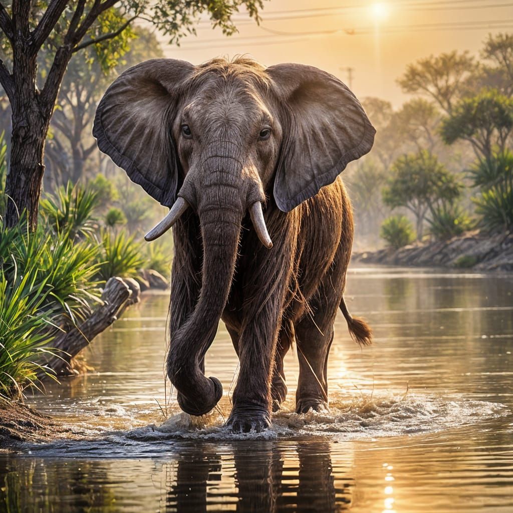 Watercolor African Elephants Bathing in a Lake