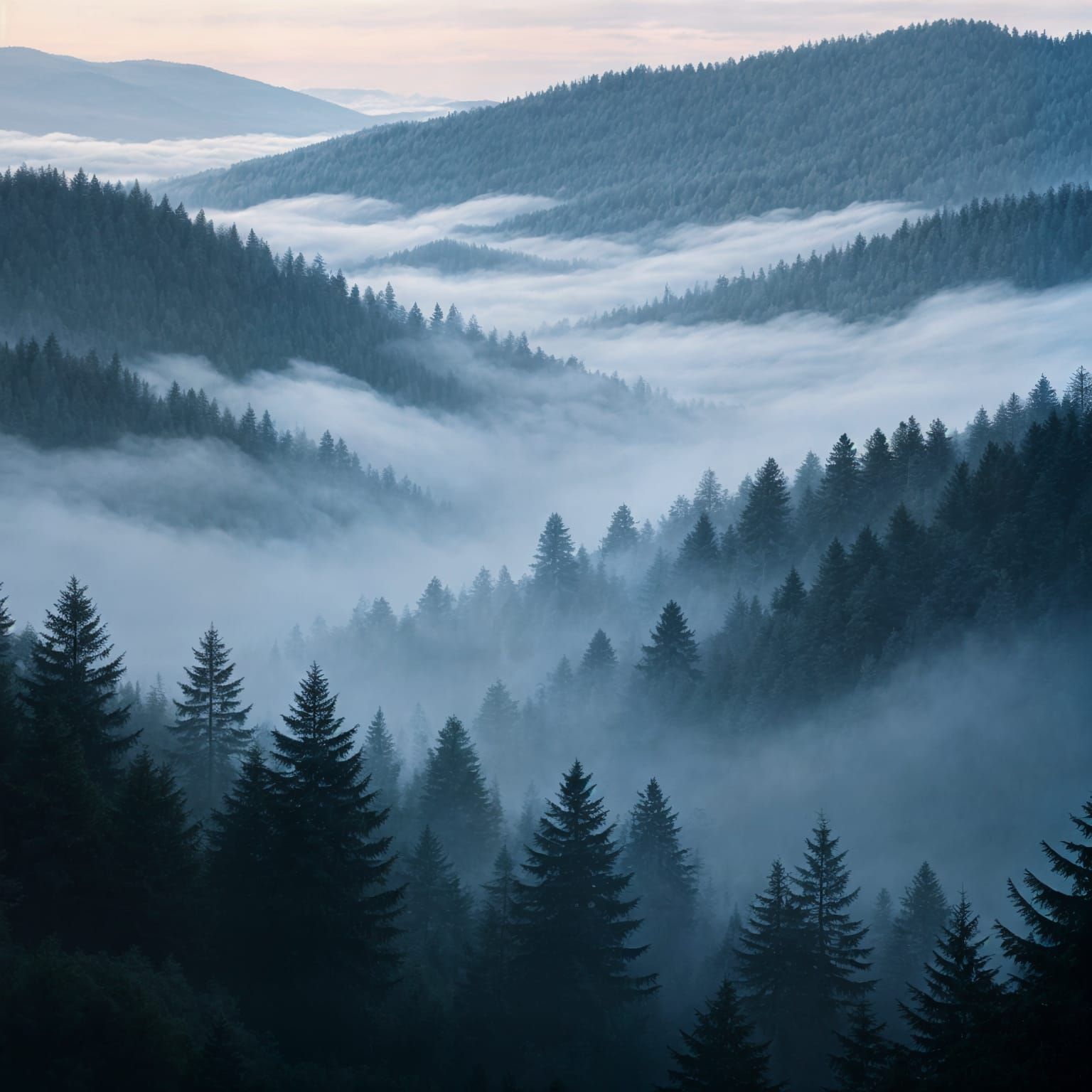 Photorealistic landscape of a misty, hilly forest at dawn. The entire scene is covered in dense white fog, with only the tops of a few tall ...