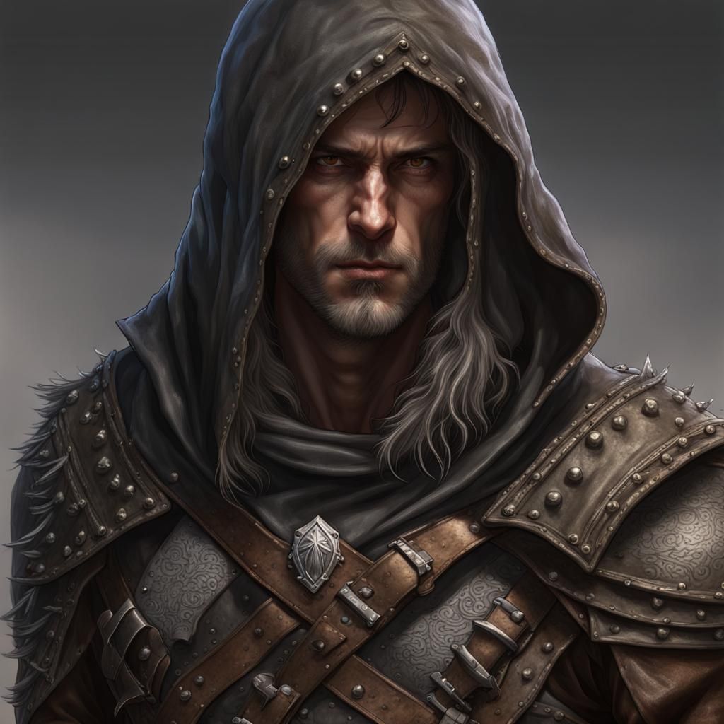 Male, Hooded Bandit, Dark Studded Leather Armor,D&D Character Portrait ...