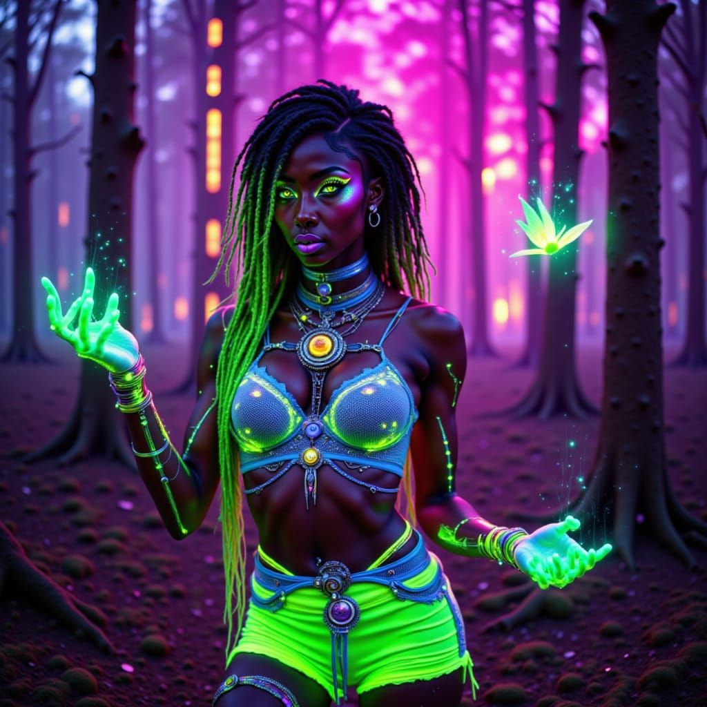 Hyper detailed high definition bold colors glistening skin dynamic pose bold lighting 

Elara Thorne
	•	neon retro Style: Cyber-witch +
	•	P...