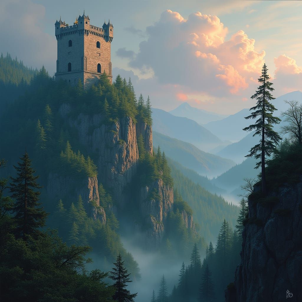 Antique weathered painting of a stone tower rising above an eastern European vale, weathered cliffs, crofts and forests in the distance, sof...