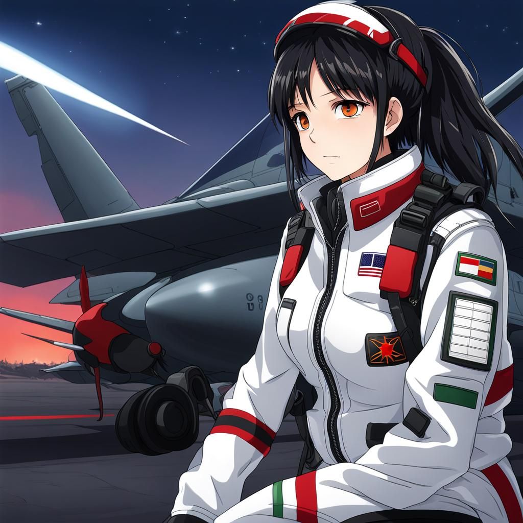 modern fighter pilot in green flight suit, outside, night, overcast, anime  by artist 