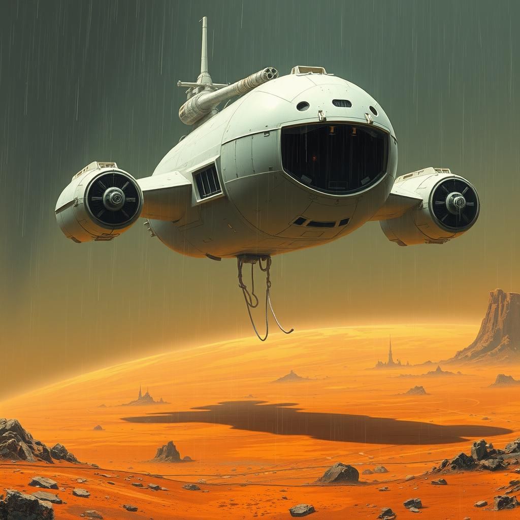 Industrial Spaceship Hovers over a Desolate Orange Planet in...
