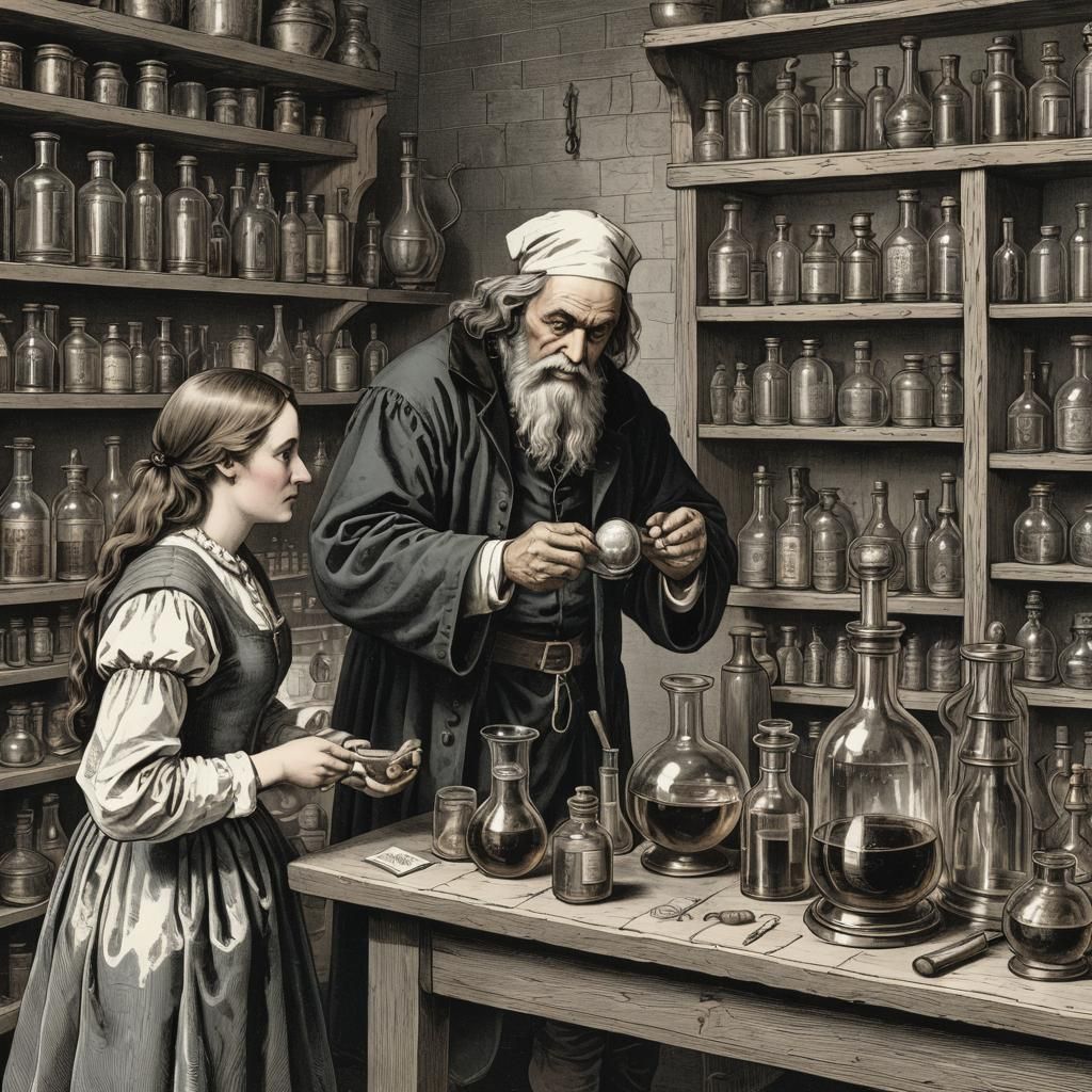 Young woman buying a love potion from the alchimyst in his medieval laboratory  by @thile