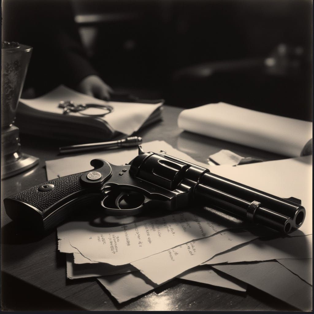 A close-up of a vintage revolver with a pearl lying on a polished mahogany desk, surrounded by scattered documents. The scene is imbued with...