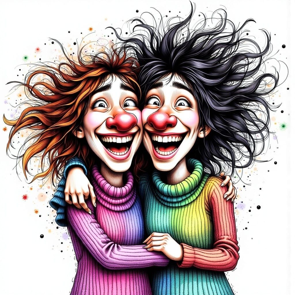 <lora:Ink cartoons:1.0> Funny female friends with big noses, and funny faces are hugging each other and laughing with big thick messy hairs,...